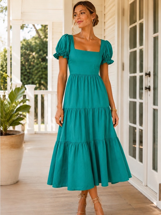 o.p.t. Dresses & Skirts - o.p.t Puff Sleeve Tiered Midi Dress Jade Green Cotton Medium